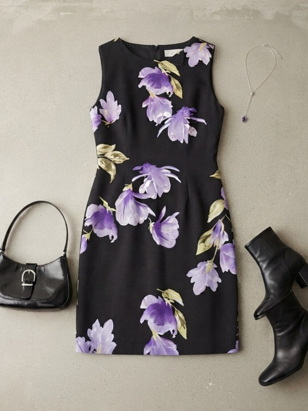 Vintage Alyx Petite Black Purple Floral Sleeveless Sheath Dress